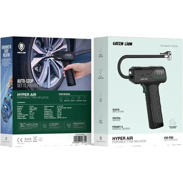 پمپ باد شارژی گرین لاین Green Lion Hyper Air Portable Tire Inflator GNHYINFTRBK