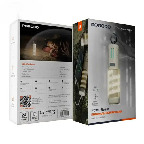 پاوربانک 5000 همراه با حشره کش و چراغ قوه پرودو PORODO POWERBEAM PDNDC017KH