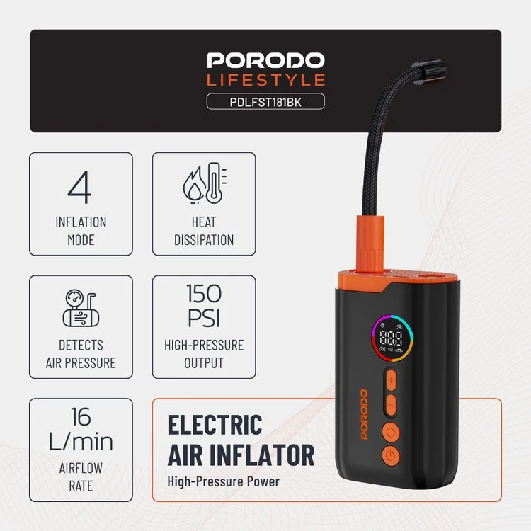 پمپ باد و چراغ قوه شارژی پرودو Porodo Lifestyle Electric Air Inflator PD-LFST181 - تصویر 11